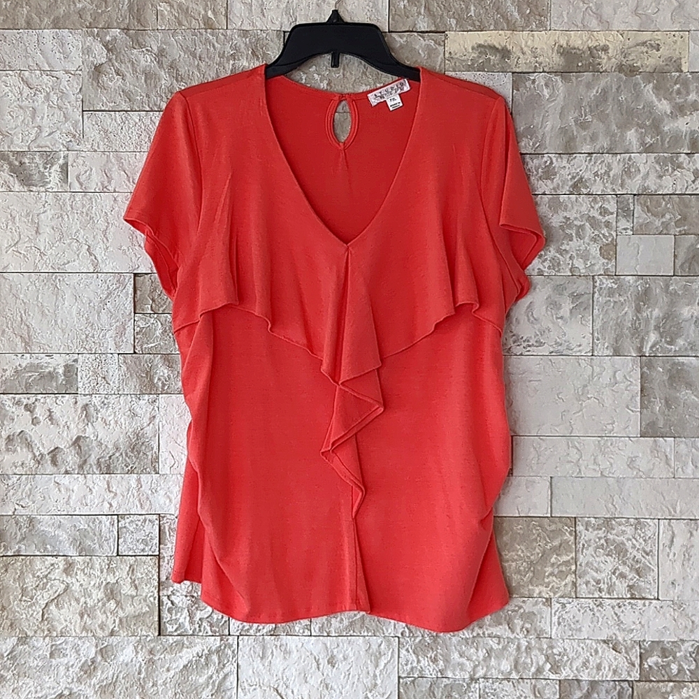Studio Petite VTG 90's Feminine Ruffled Top PXL, Melon Hue Flounced Soft Tee EUC